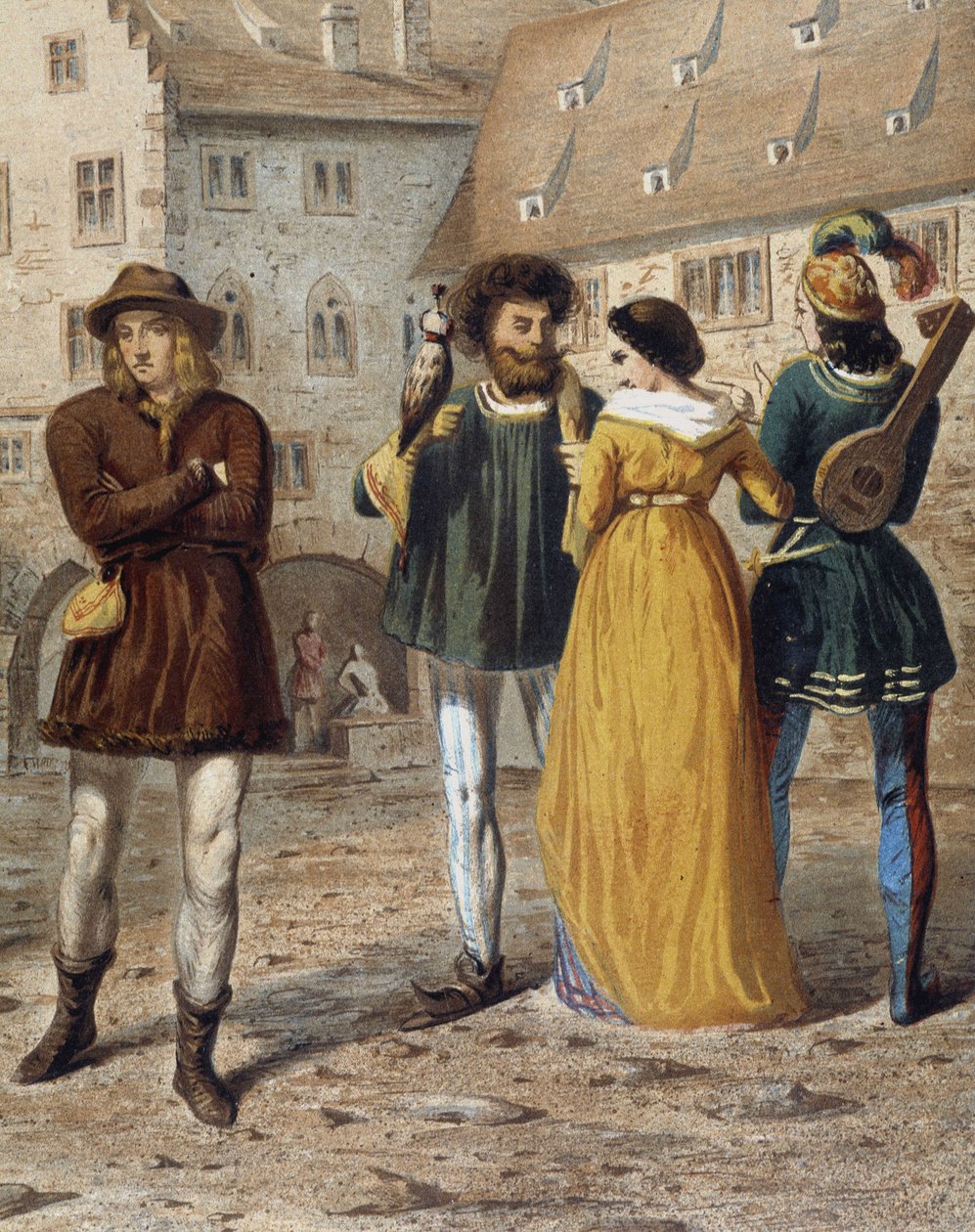 Solymász, hölgy és trubadúr: utcakép Strasbourgban a középkorban. alkotó: Unknown artist