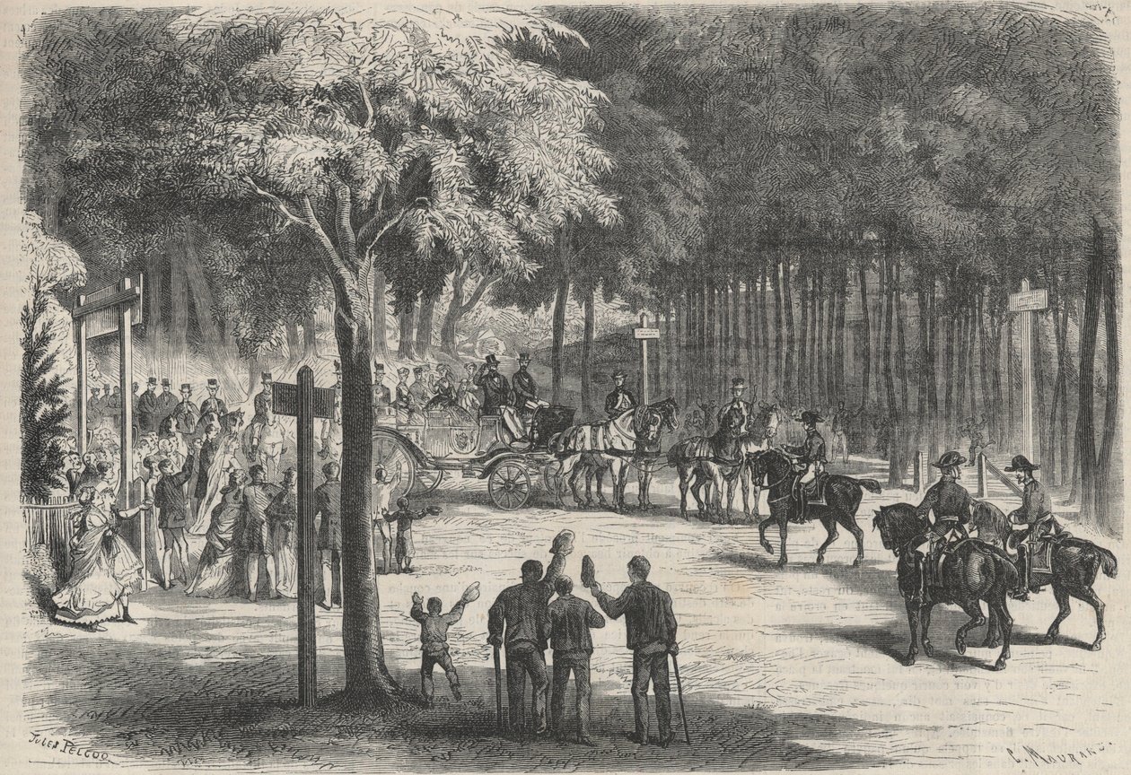 Családi üdülés Fontainebleau-ban: fenségeik kirándulása Franchart romjaihoz. Esküvő köszönti III. Napóleon császár (1808-1873) és családja elvonulását. Metszet a „The Universe illustrious”-ba alkotó: Unknown artist