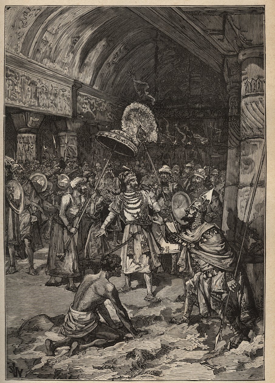 Híres gyémántok: Lahore maharadzsája, Ranjit Singh (1780-1839), átveszi a Koh-i Nor gyémántot (Koh i Nor, Kuh-e Nur, Kuh e Nur, Koh-i-noor, Koh i Noor). Metszet 1885-ből Adolphe BITARD „” Les arts et metiers illustres” című könyvébe. alkotó: Unknown artist