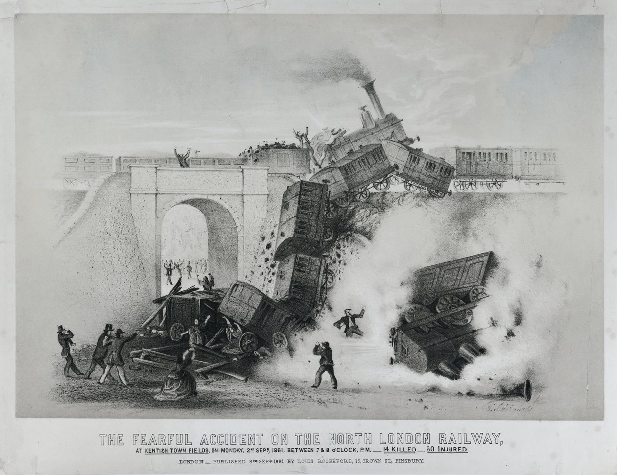 Félelmetes baleset az észak-londoni vasúton Kentish Town Fieldsnél alkotó: Unknown artist