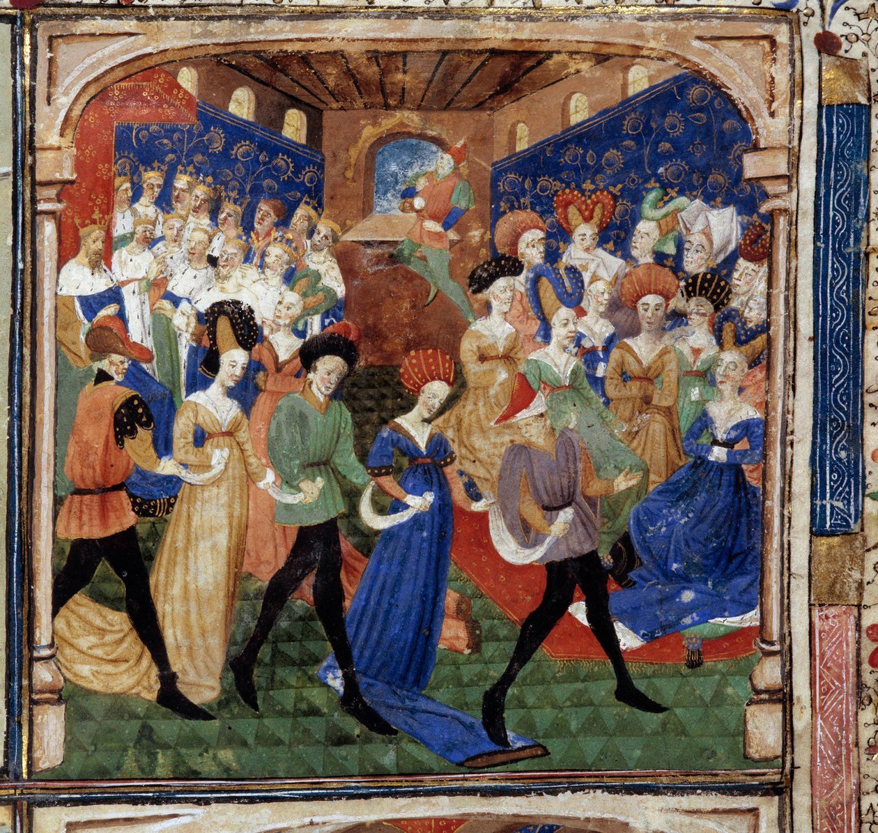 Lakom Arthur király udvarában Genievre királynőt 12 király veszi körül. Miniatűr „A Grál Quete regénye” kéziratból, 1450-1460 Dijon. Városi Könyvtár alkotó: Unknown artist