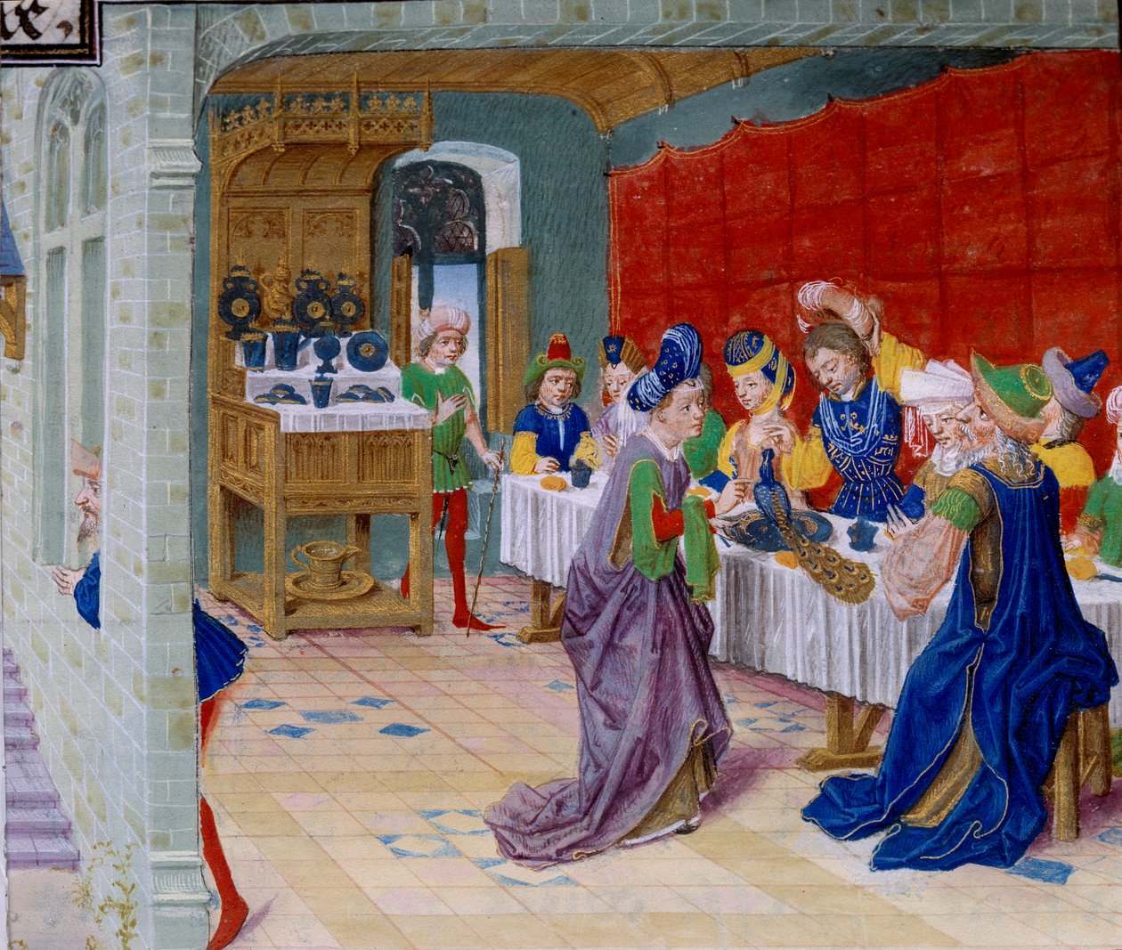 Ünnepi étkezési jelenet, egy páva kerül az asztalra. Miniatűr a „La Vraye Histoire du Bon Roy Alixandre”-ból, Kallisthenésztől vagy Kallisthenésztől (i.e. 360-328) alkotó: Unknown artist