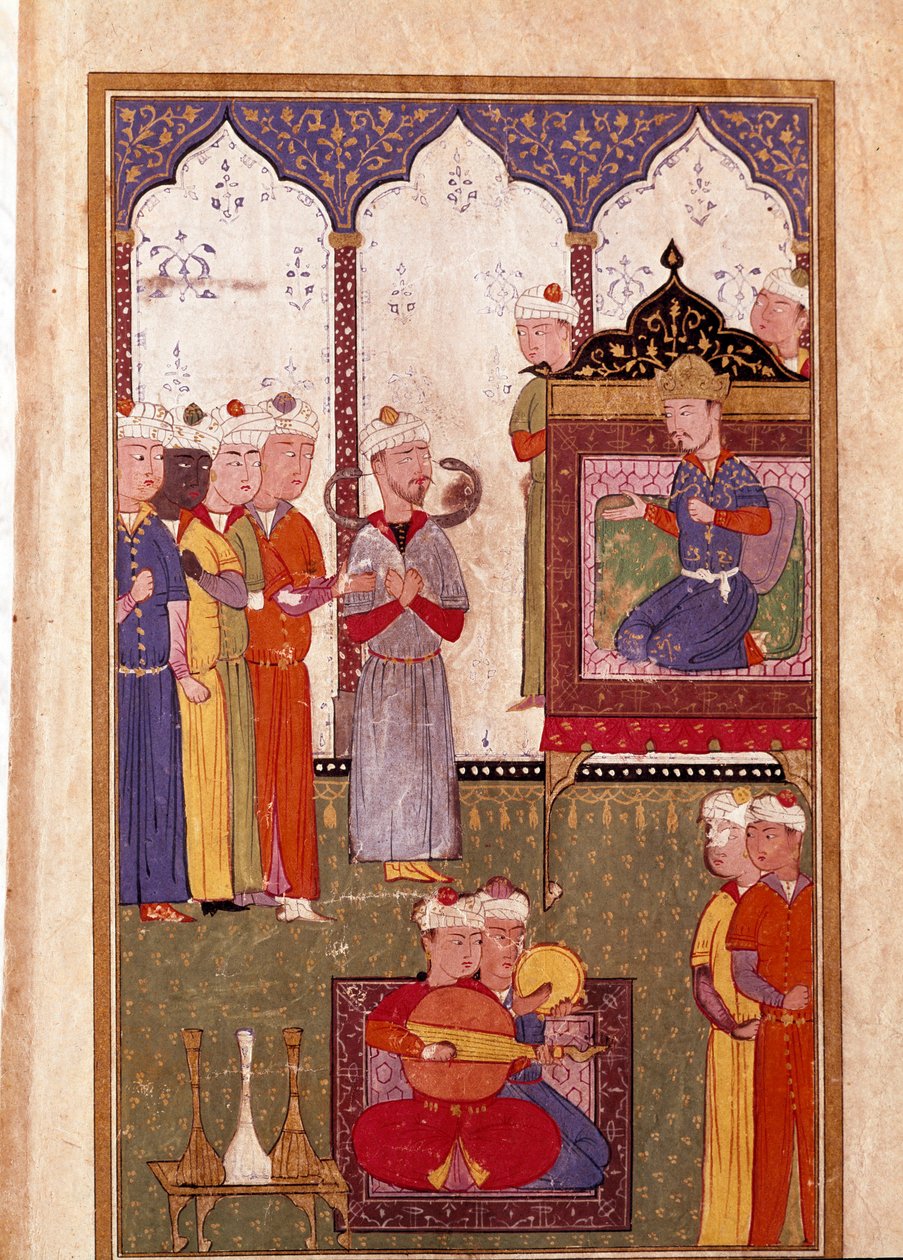 A szultán által szervezett lakoma kígyóbűvölővel és miniatűr zenészekkel egy 16. századi kéziratból. Velence, Biblioteca Marciana alkotó: Unknown artist
