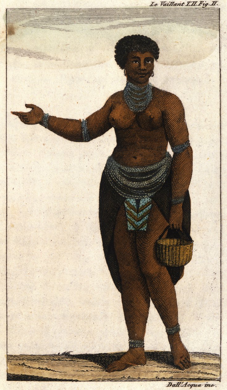 A hottentotok dél-afrikai törzsének női tagja, 1820-as metszet. alkotó: Unknown artist