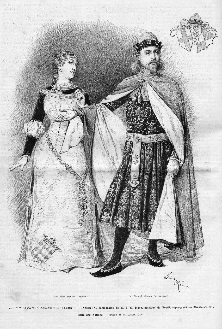 Fides Devries Amelia és Victor Maurel (1848-1923) szerepében Simon Boccanegra szerepében Giuseppe Verdi névadó operájában, három felvonásban, Francesco Maria Piave librettója Antonio Garcia Gutierrez, az Itali képviselője darabja után. alkotó: Unknown artist
