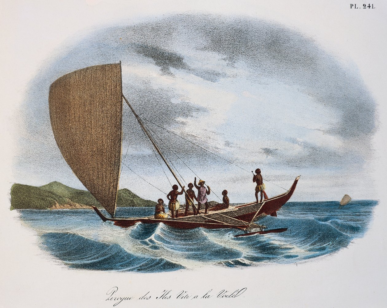 Fijian vitorlás kenu, színes gravírozás alkotó: Unknown artist