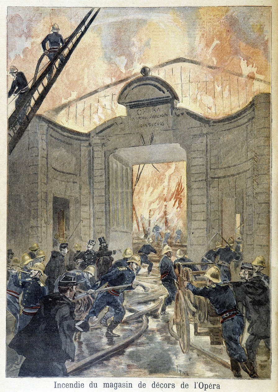 Tűzoltósági beavatkozás az opera díszüzletének tűzeseténél. a „Petity Journal” illusztrációja 1894-ben. alkotó: Unknown artist
