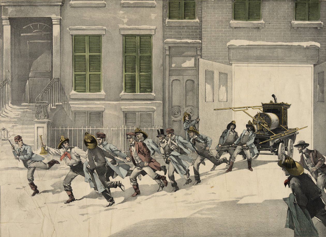 A tűzoltók segélyhívásokat küldenek a tűzhelyre, akvarell 1895-ből. USA alkotó: Unknown artist