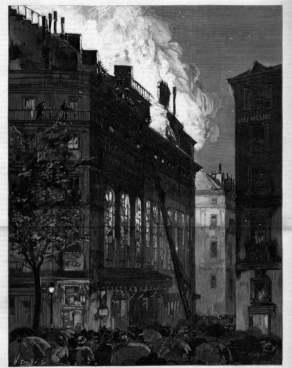 A párizsi Opera Comique (Opera-Comique) tüze a Rue Marivaux és a Boulevard des Italians felől nézve 1887. május 26-án. Metszet a „” Le monde illustrious”-ban” alkotó: Unknown artist