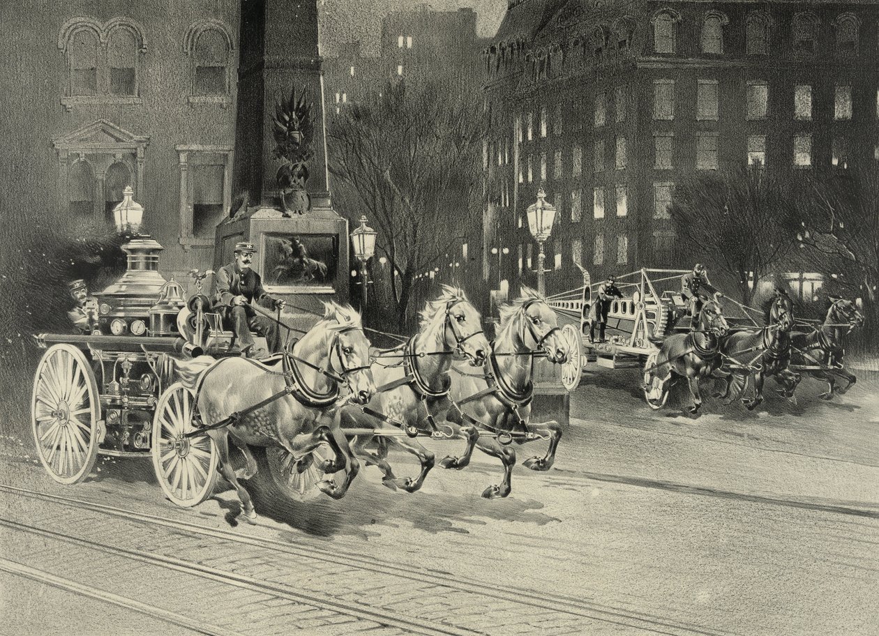 A tűzoltóautó húzza a tűzhelyre érkező lovakat. USA. 1895 alkotó: Unknown artist