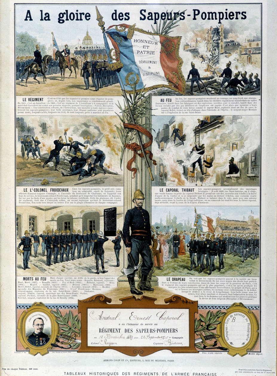 Tűzoltók: A Sapeurs dicsőségére - a „Francia hadsereg ezredeinek történeti festményein” 1890 körül alkotó: Unknown artist