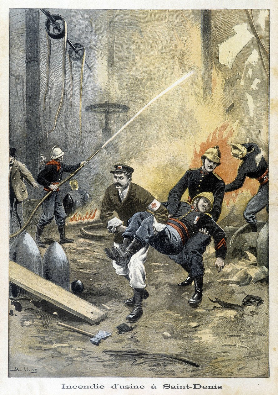 Tűzoltók avatkoznak be a Saint Denis-i Usine-ban keletkezett tűz során. Az 1899-es „Petity Journal” illusztrációja. alkotó: Unknown artist