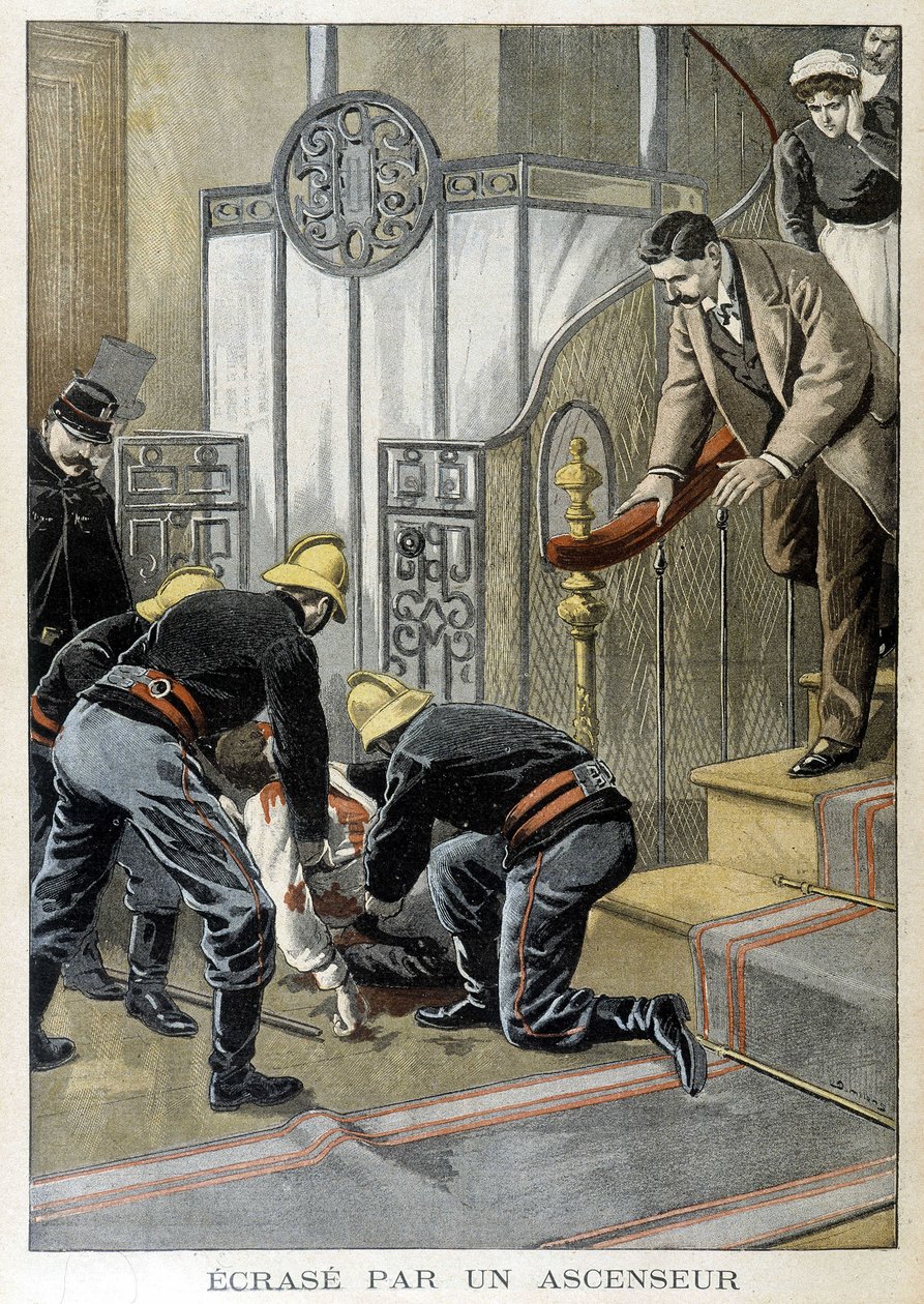 Egy embert mentő tűzoltók lezuhantak egy lifthez egy párizsi épületben. Az 1899-es „Kis Napló” illusztrációja. alkotó: Unknown artist