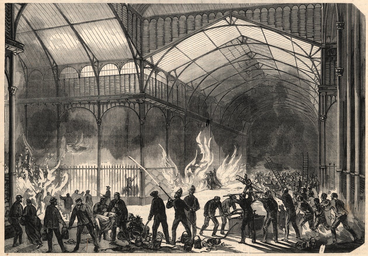 A tűzoltók próbálják megfékezni a párizsi Central Halles tüzét július 10-én alkotó: Unknown artist