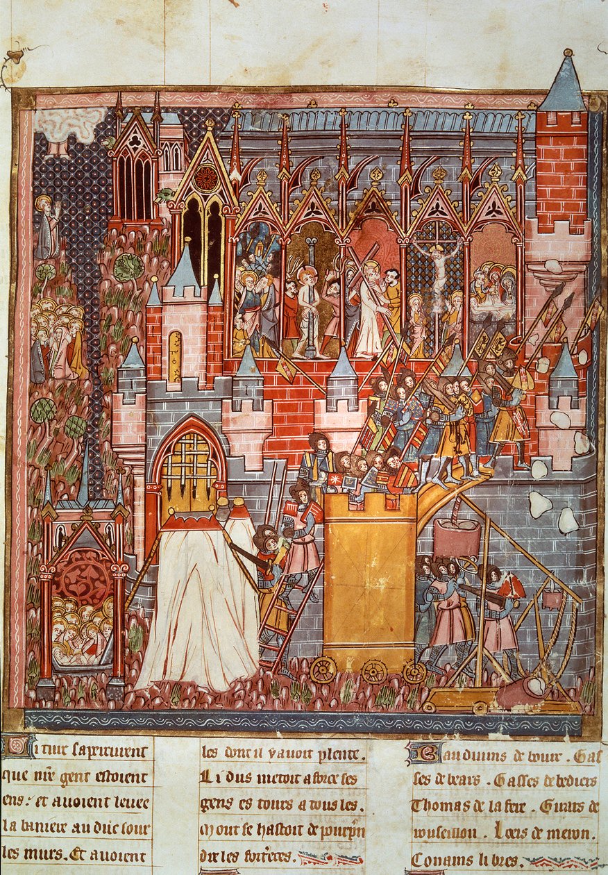 Első keresztes hadjárat: Jeruzsálem ostroma és elfoglalása a Godefroy de Bouillon (1058-1100) által vezetett átkelők által 1099-ben. Miniatűr a „Chronicles d