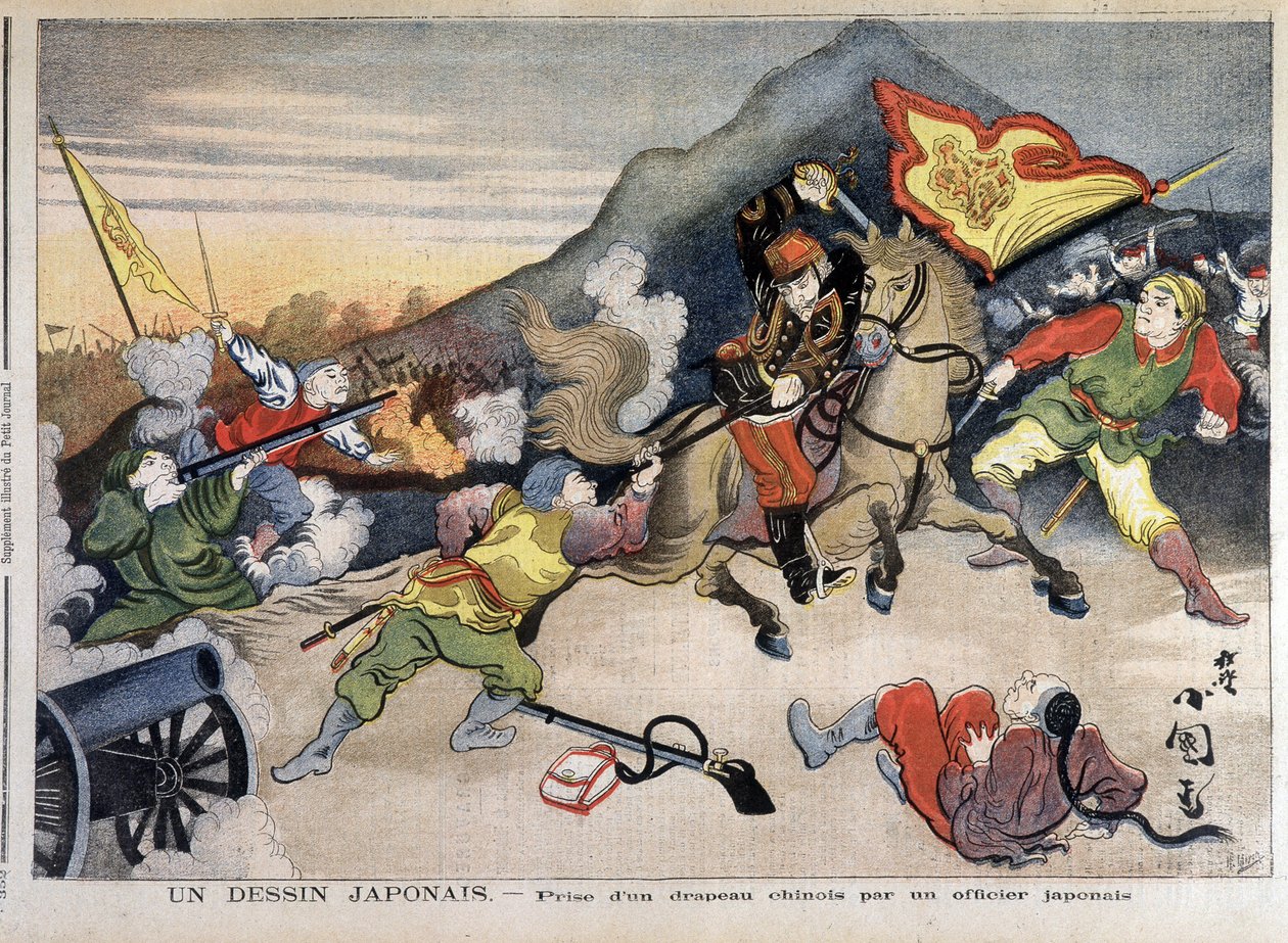 Első kínai-japán háború – kínai-japán háború: egy japán tiszt elvette a kínai zászlót – az 1894.10.29-i "Le Petit Journal"-ban (metszet) alkotó: Unknown artist