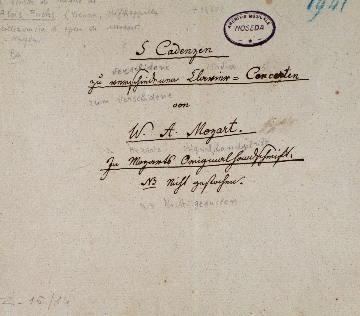 Mozart 5 kadenciájú zongorára írt kéziratának első oldala (kézirat alkotó: Unknown artist