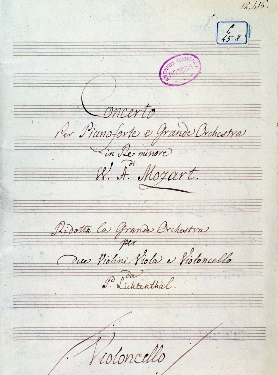 Mozart d-moll zongoraversenyéhez és nagyzenekarához írt kotta első oldala, Lichtenthal változat (XIX. század) alkotó: Unknown artist