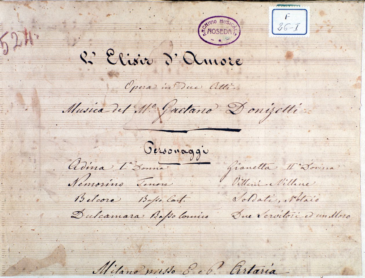 A szerelem elixírje, Gaetano Donizetti operájának kottájának első oldala alkotó: Unknown artist