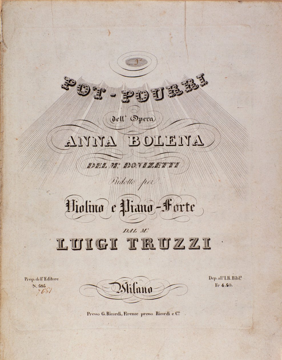 Anna Bolena, Gaetano Donizetti operájának pot pourrijának kottájának első oldala alkotó: Unknown artist