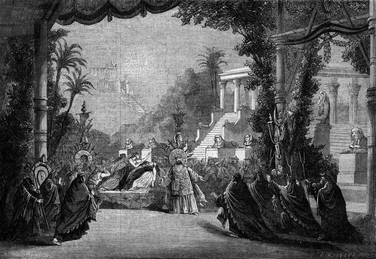 Első előadás a párizsi operaszínházban 1863-ban Hector Berlioz „Les Troyens” című operájából. 5. felvonás: Didon halála. alkotó: Unknown artist