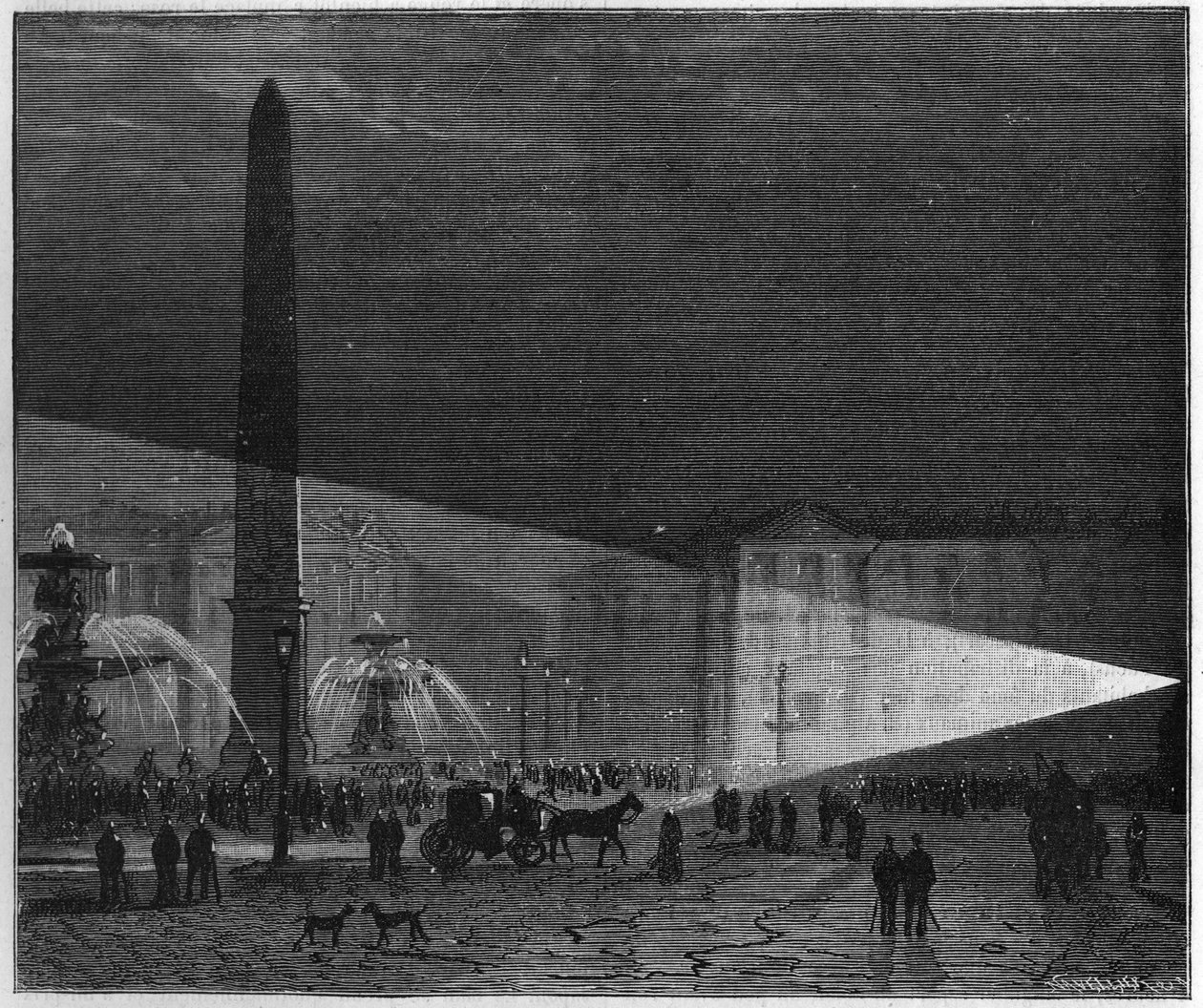 Az elektromos világítás első nyilvános tapasztalata Párizsban, a Place de la Concorde-n Deleuil és Leon Foucault 1844 decemberében. A La Nature-ben. A tudományok áttekintése és alkalmazásaik a művészetben és az iparban.” alkotó: Unknown artist