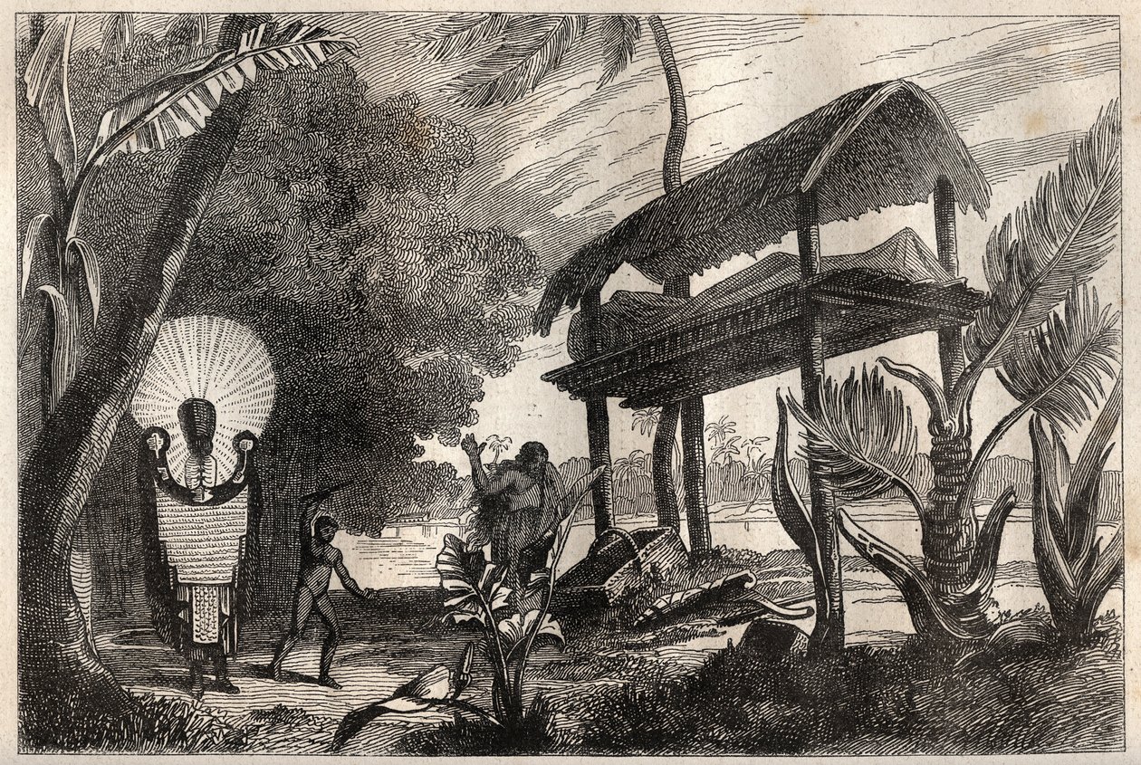 James Cook kapitány (1728-1779) első útja (1768-1771): fia-toka (fia toka), Tahiti temetkezési épülete – az illusztráció „A 18. századi nagy tengerészek” c. alkotó: Unknown artist