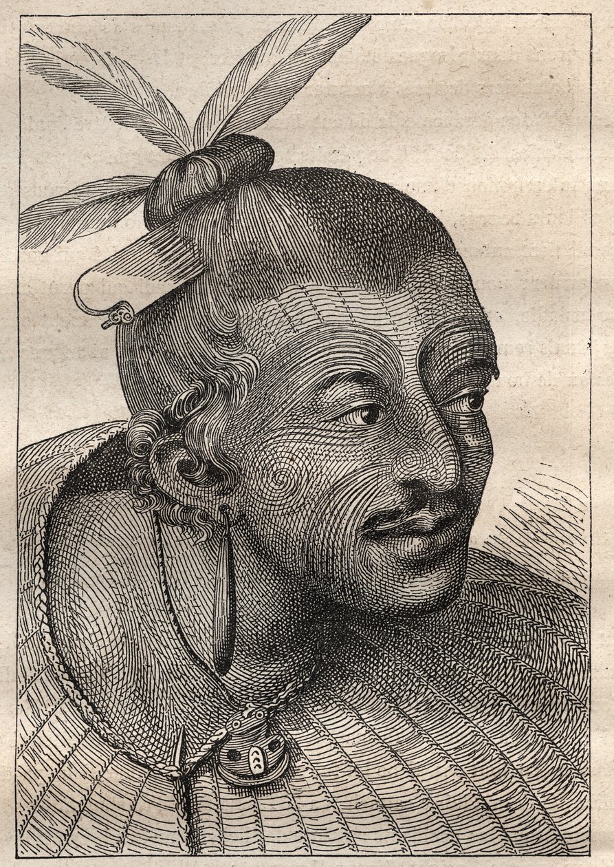 James Cook kapitány (1728-1779) első útja (1768-1771): egy neo-zelandais (Neo Zelandais) tetovált feje – az illusztráció a „18. századi nagy tengerészek” c. alkotó: Unknown artist