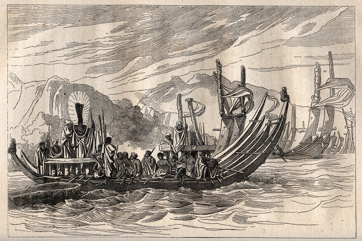 James Cook kapitány (1728-1779) első útja (1768-1771): a tahiti flotta Oparee-ban gyűlt össze – az illusztráció a „18. század nagy tengerészei” című könyvből vett. alkotó: Unknown artist