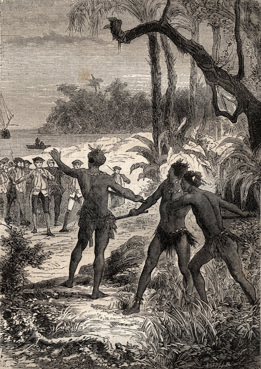 James Cook kapitány (1728-1779) első útja (1768-1771): míg Cook és tíz tengerész Új-Guinea déli partjain hajóznak, három indián nagy sikoltozással emelkedett ki az erdőből – az illusztráció a „The Great Mariners of the Great Mariners a 18. század”” alkotó: Unknown artist