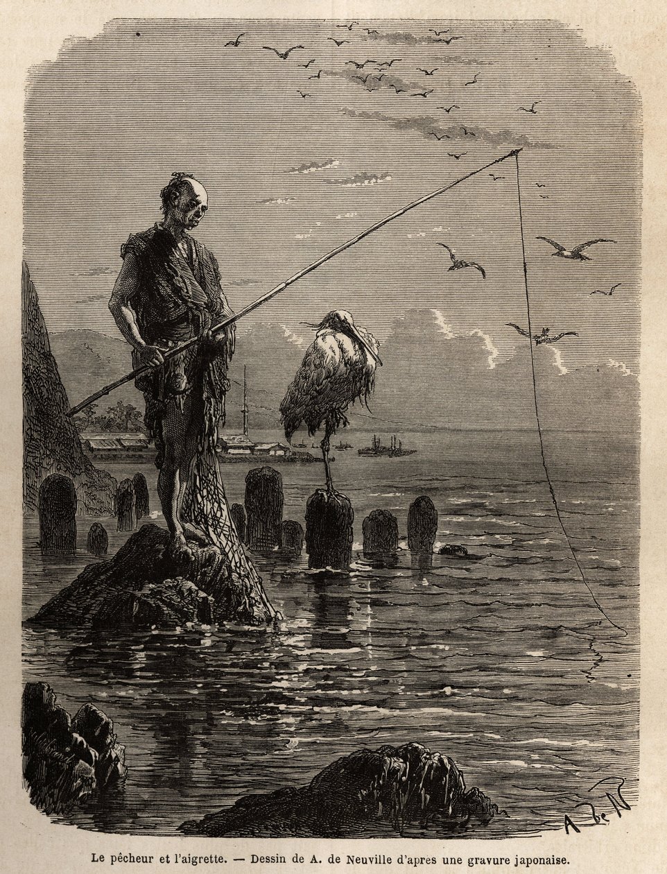 A Yedo-öböl (vagy Edo, mai Tokió) halásza, megragadta egy sas, egy alacsony kanca, a csónakok az öbölben szárazra fektetett kőtömbökön fektették a halászokat, az utóbbiak egyenesen, mozdulatlanul maradnak, és a hameconnal halásznak. a halak, hogy csúsznak  alkotó: Unknown artist