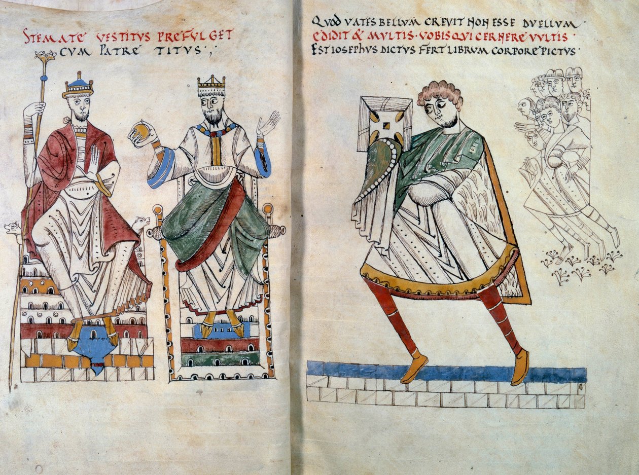 Flavius Josephe (eredetileg Yossef ben Matityahu, görögül beszélő zsidó történész (37-100), aki könyvét Titusz és Vespasianus császárnak ajánlja fel. Miniatűr a „” De Bello Judaico (Zsidók háborúja)”-ból „” (2. és 3. fólió) alkotó: Unknown artist