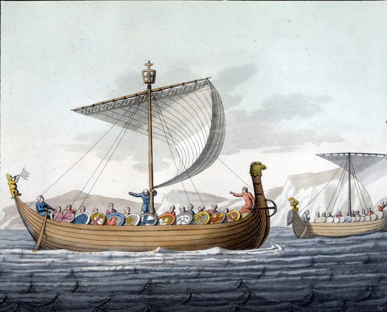I. Hódító Vilmos flottája (1027-1087) Angliába vitorlázik - „A régi és modern kosztümben”, Ferrario, szerk. Milánó alkotó: Unknown artist
