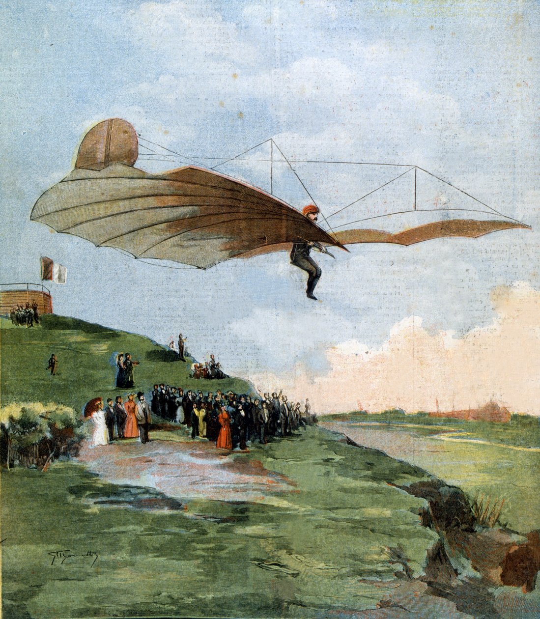 Otto Lilienthal (1848-1896), a vitorlázórepülés úttörője repülése. 1894. alkotó: Unknown artist