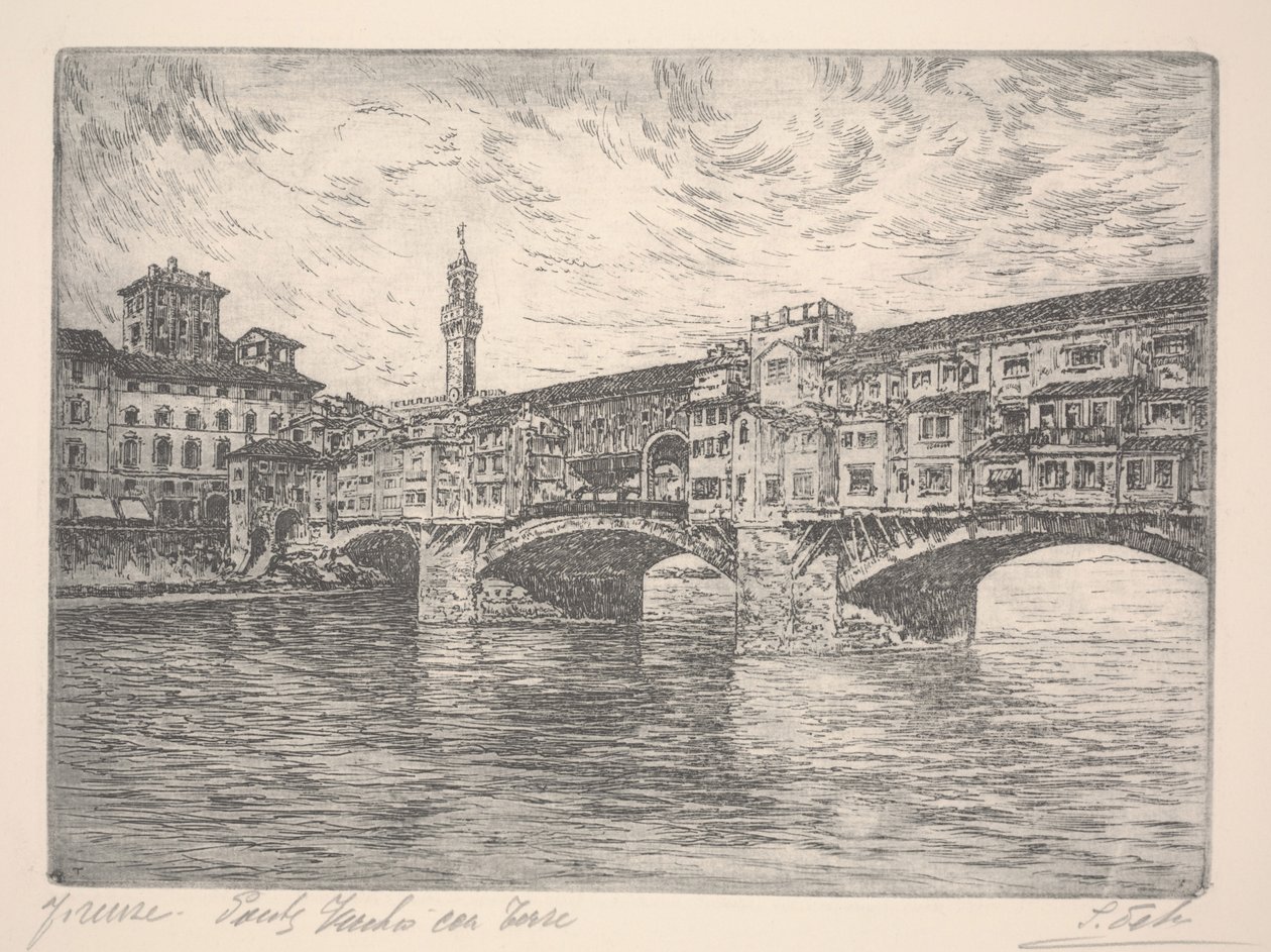 Firenze, Ponte Vecchio toronnyal, valószínűleg 19. század vége (rézkarc) alkotó: Unknown artist