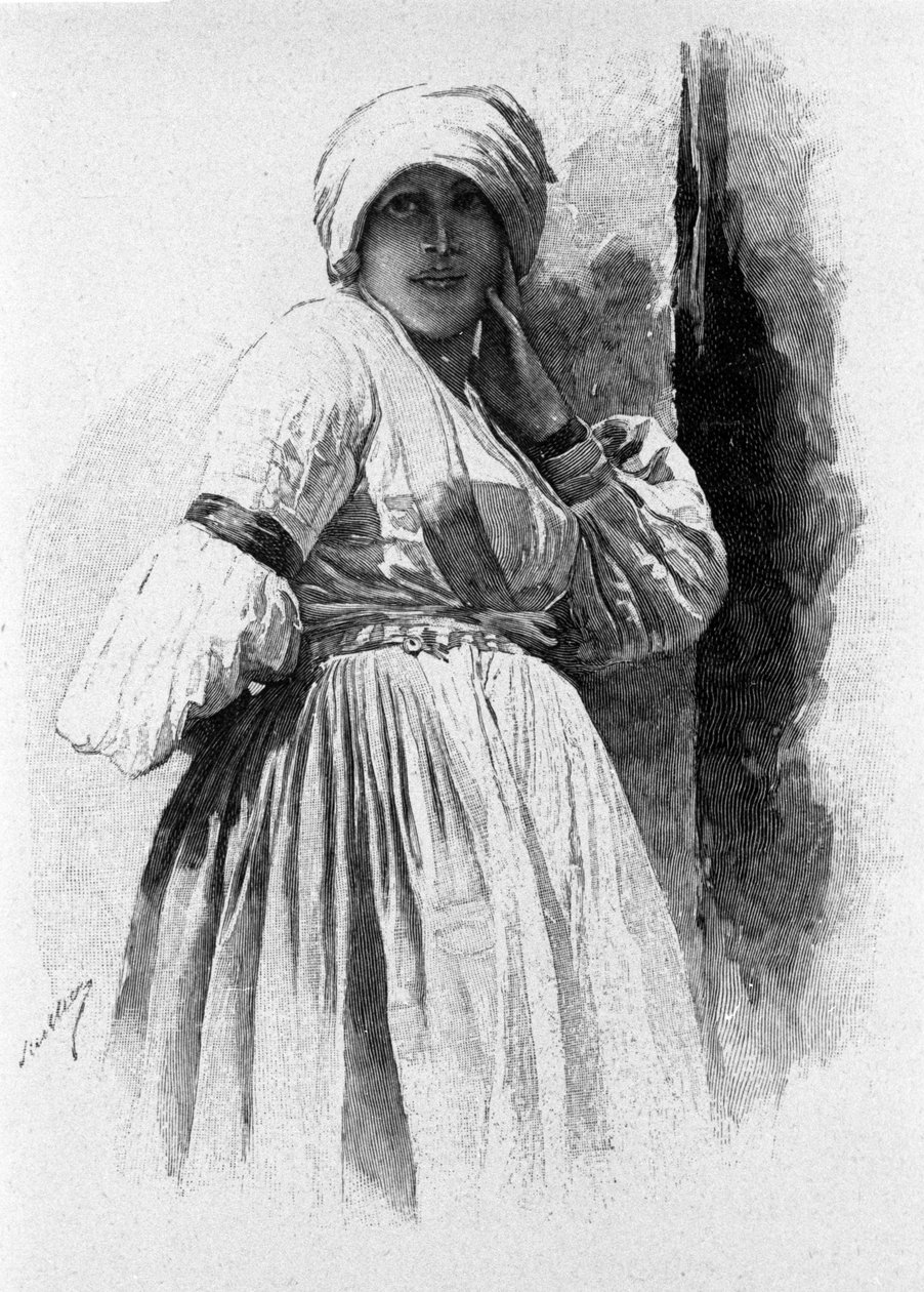 Folklór: nő Piana degli Albanesi népviseletében. Szicília 19. századi metszet alkotó: Unknown artist