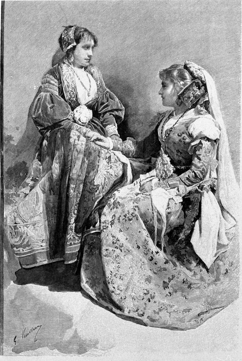 Folklór: hagyományos esküvői jelmezbe öltözött nők, Szicília. 19. századi metszet. alkotó: Unknown artist