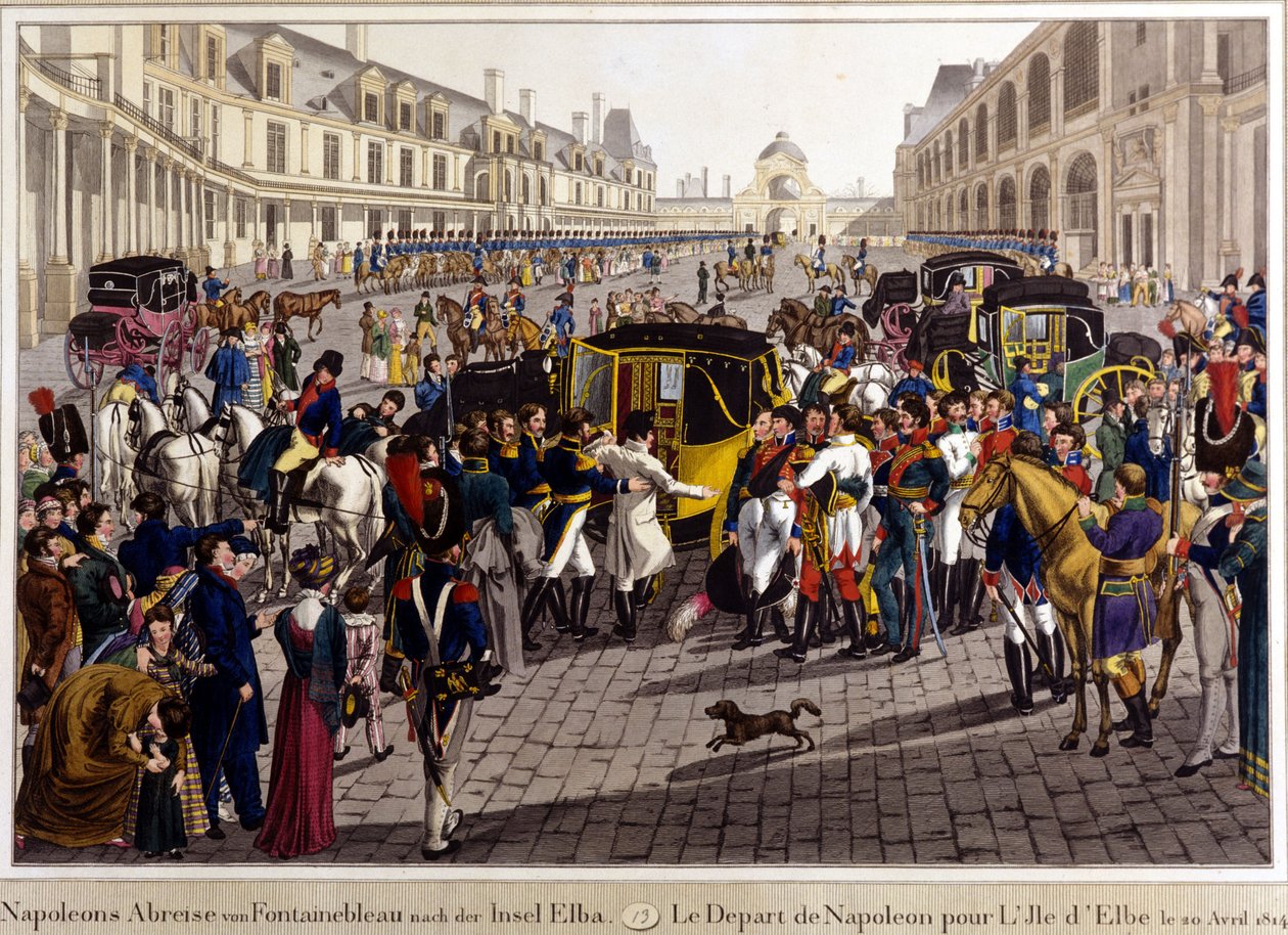Fontainebleau. Bonaparte Napóleon elutazása Elba szigetére. 1814.04.20. századi metszet. alkotó: Unknown artist
