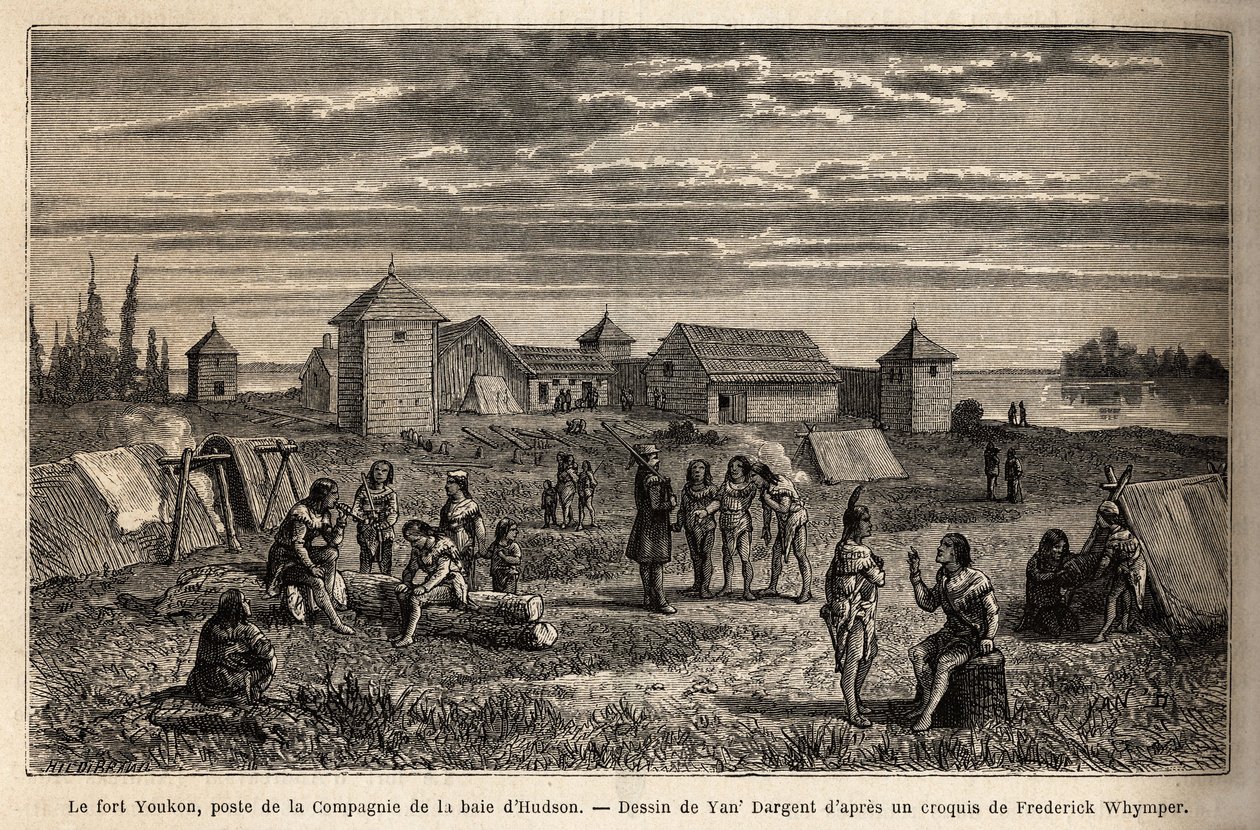Az 1847-ben alapított Fort Youkon, a Norton-öbölben, Alaszkában, a Hudson Bay Company létesítménye, indiánok táboroztak a palánkok körül. Metszet az angol Kolumbiában, Vancouver-szigeten és Alaszkában való utazás és kalandok illusztrálására, Fredericktől alkotó: Unknown artist