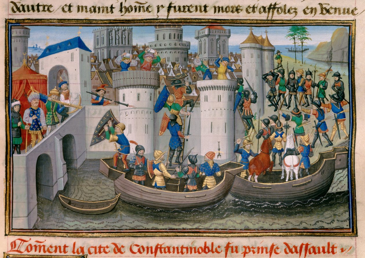 Negyedik keresztes hadjárat: Konstantinápoly elfoglalása az 1203-1204-es keresztes hadjáratok által. Miniatűr David Aubert „” Chronicle abregee”-ből alkotó: Unknown artist