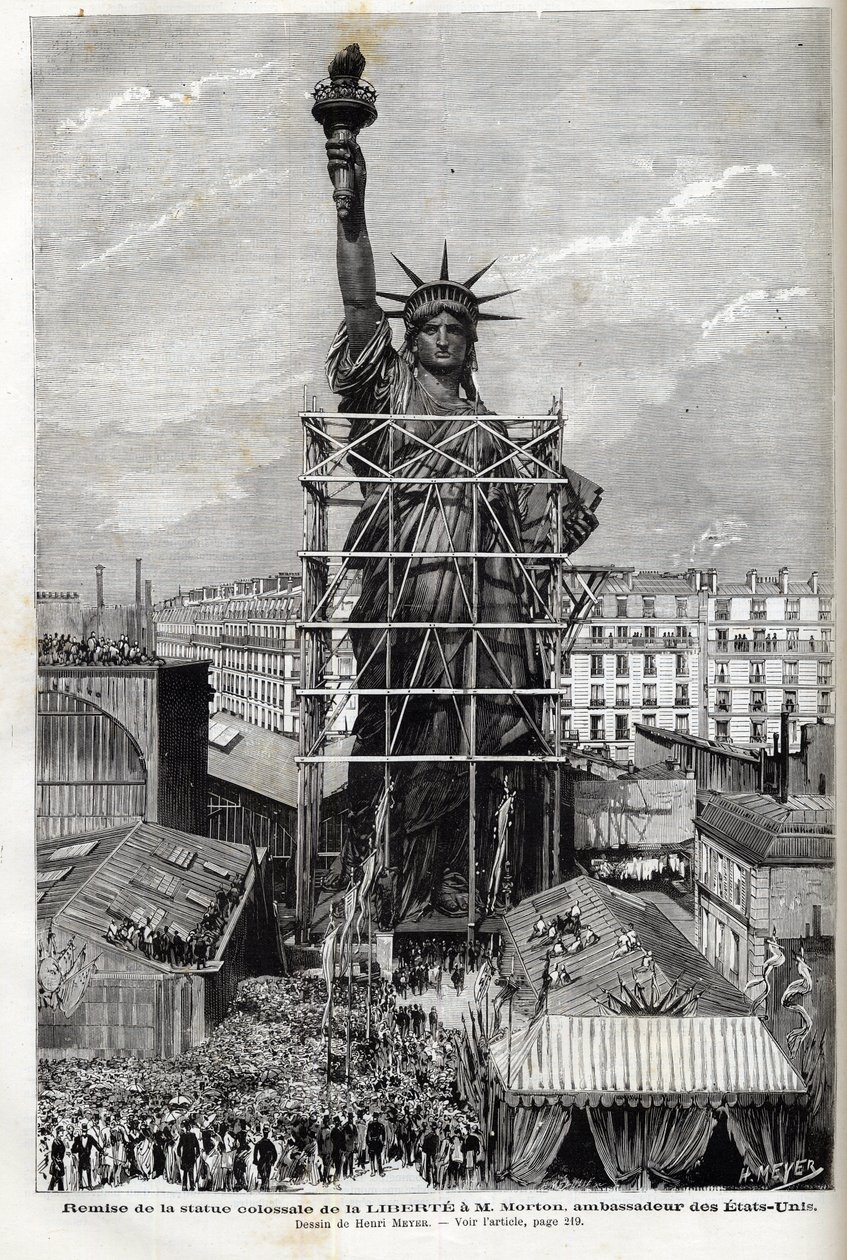 Franciaország, Párizs, a Szabadság-szobor átadása az Egyesült Államok nagykövetének – Frederic Auguste Bartholdi (1834-1904) által készített Liberte-szobor állványzatba történő becsomagolása, hogy Párizsból Amerikába szállítsák alkotó: Unknown artist