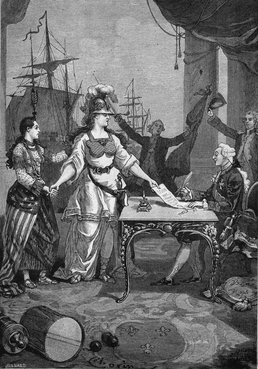 Franciaország szövetséges – A királynak (XVI. Lajos) már csak alá kellett írnia: 1778. február 6-án aláírták a barátsági és kereskedelmi szerződést Franciaország és a lázadó észak-amerikai gyarmata között, amely arra kötelezte Franciaországot, hogy garantá alkotó: Unknown artist