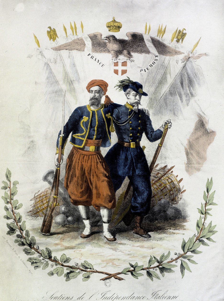 Franciaország és Piemont, az olasz függetlenség hívei - coul. metszés alkotó: Unknown artist