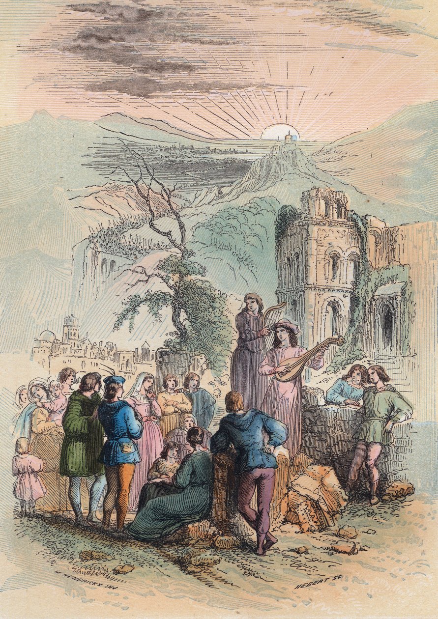 Franciaország a középkorban: Keress izgalmas embereket, akik részt vehetnek a keresztes hadjáratban. Metszet 1868-ból Theodore Juste (1818-1888) „Histoire de Belgique from primitive times to the end of the regne I. Lipót” című művében. Magángyűjtemény. alkotó: Unknown artist