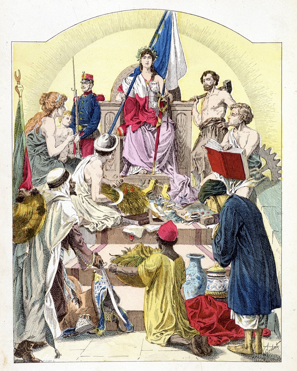 Franciaország, Marianne vonásai alatt, megszemélyesített kolóniáival körülvéve - a „Histoire de France”-ban, E. Grobet c. 1915 alkotó: Unknown artist