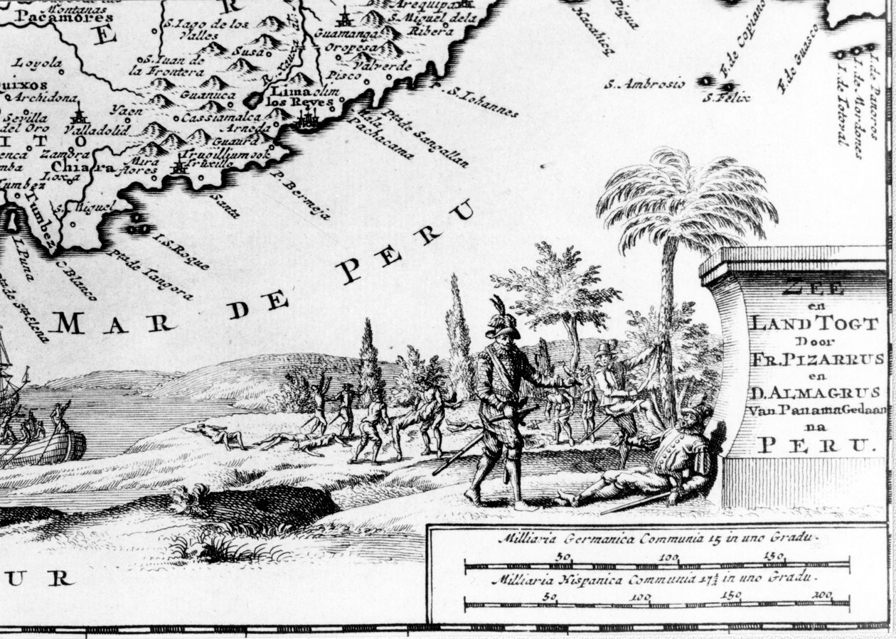 Francisco Pizarro (fr. Francois Pizarre) ábrázolva Peru térképén. 17. század. alkotó: Unknown artist