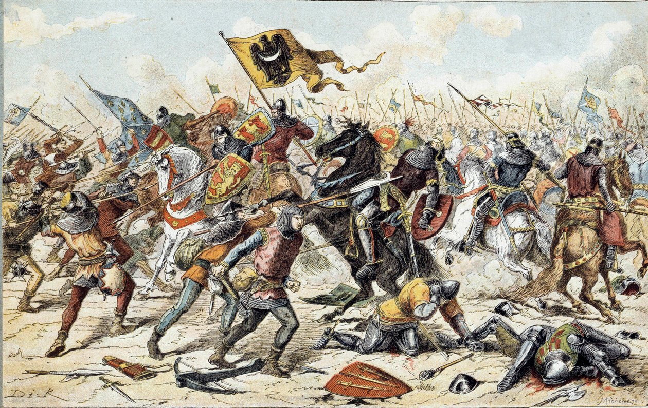 Francia-angol háború (1202-1214): a bouvines-i csata 1214. július 27-én Philippe Auguste francia hadserege és IV. Othon flamandjai és welfjei között. A francia győzelem meghatározó volt a háború kimenetelében. 19. század. Párizs, Musee de l