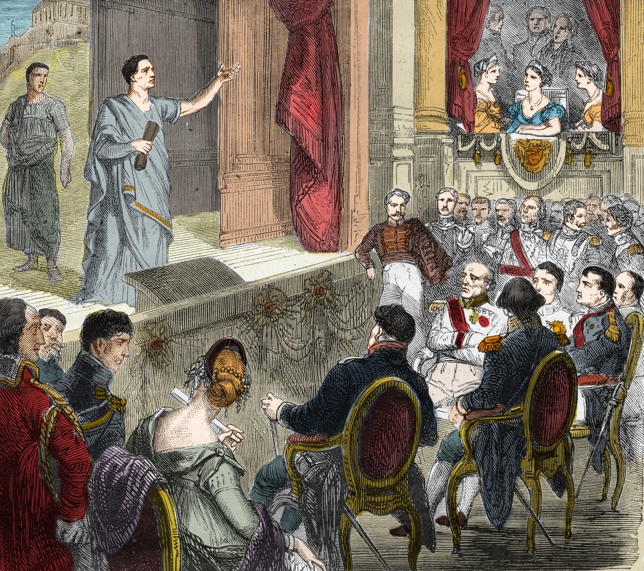 Francois-Joseph (Francois Joseph) Talma (1763 - 1826), francia komikus, „Cesar halálát” játssza, tragédia három felvonásban Voltaire-től Erfurtig (erfurth) a királypár előtt, I. Napóleonból és I. Sándor cárból. Oroszország (1777-1825). Eng alkotó: Unknown artist