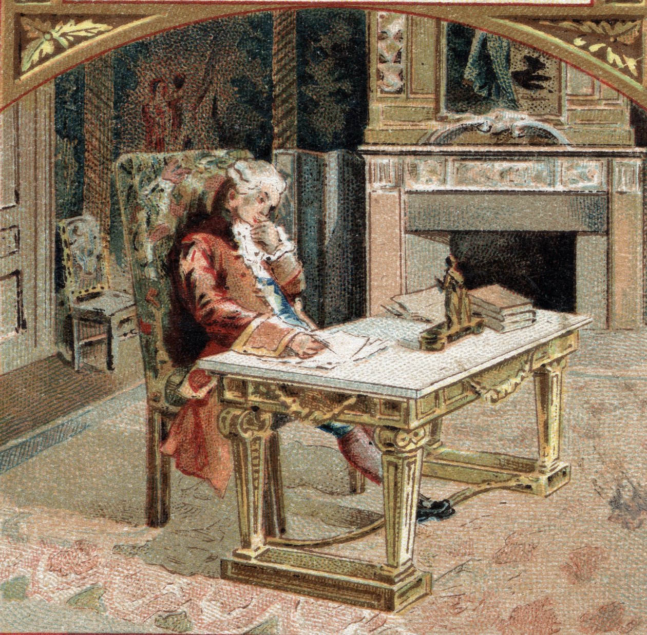 Francois-Marie (Francois Marie) Arouet de Voltaire dit Voltaire (1694-1778), 23 éves a Sully-sur-Loire-i kastélyban (Sully sur Loire). A 19. század végének kromolitográfiája alkotó: Unknown artist
