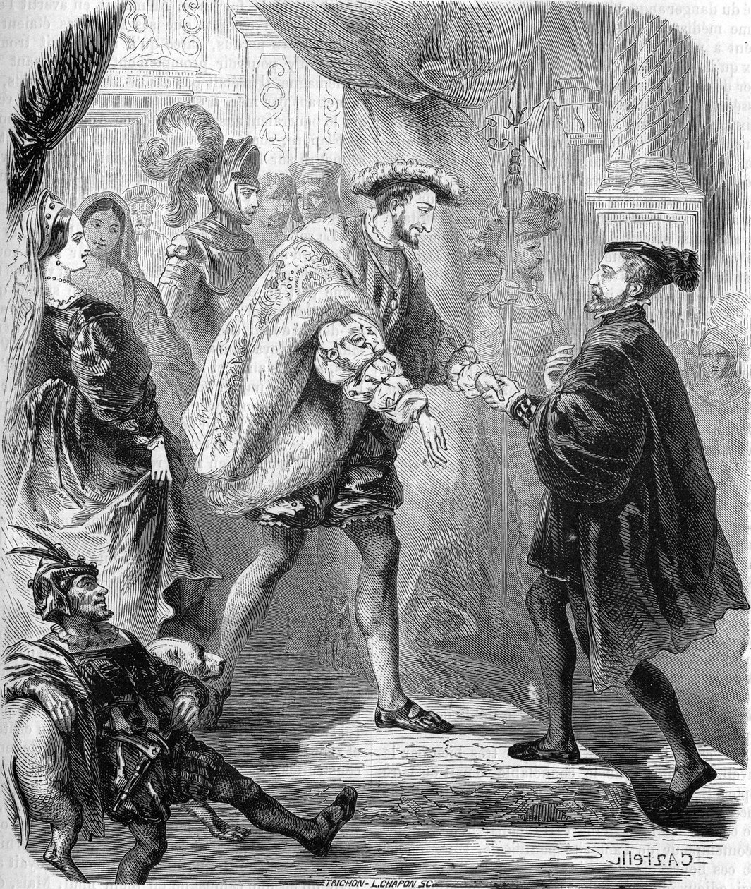 1. Francois francia király (1494-1547) és V. Károly (1500-1558) a Chateau de Chatellerault-ban találkozott 1540 januárjában. 1885 körül. Metszet. alkotó: Unknown artist